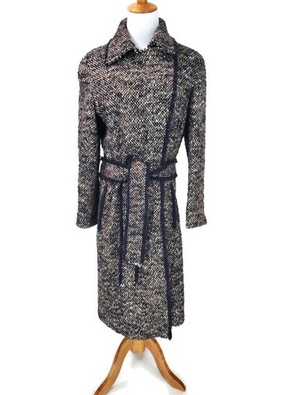 AKRIS Mainline Bergdorf Goodman Wool Angora Mohair Tweed Fringe Wrap Coat Belted